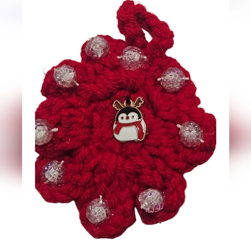 Hand Crafted Upcycled Chritsmas Ornaments Hand Crochet red beaded floral pattern